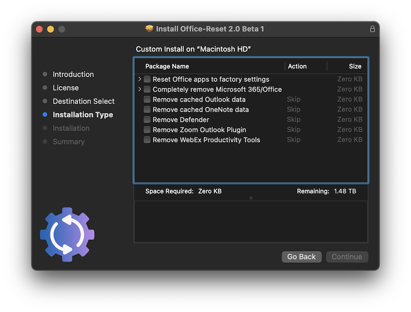 Screenshot of the Office-Reset tool options